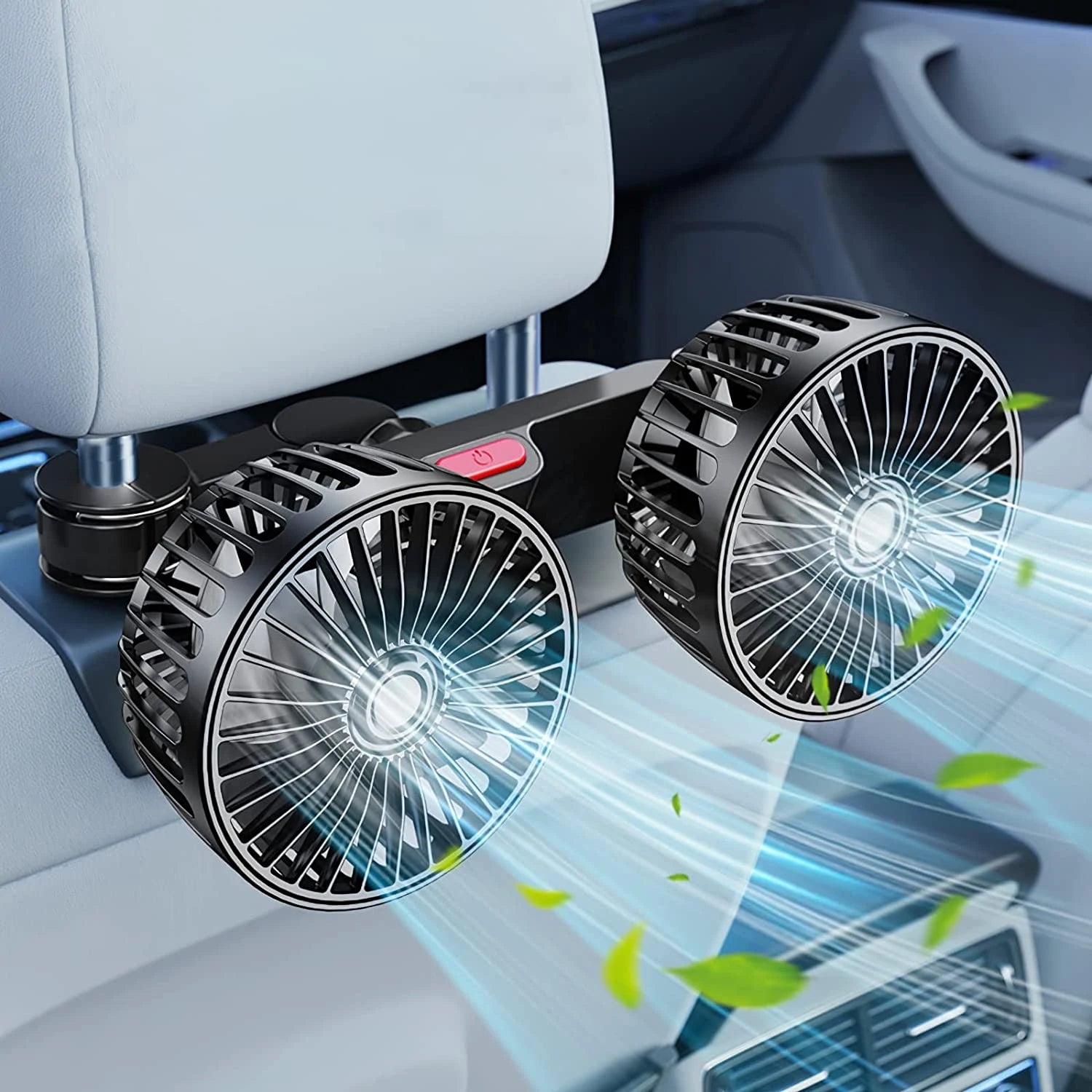 Draagbare Autoventilator met Dubbele Kop 360° Verstelbaar USB Oplaadbaar 3 Snelheden Hoofdsteun Nekkoeler voor Auto Huis Camper | Sansoti