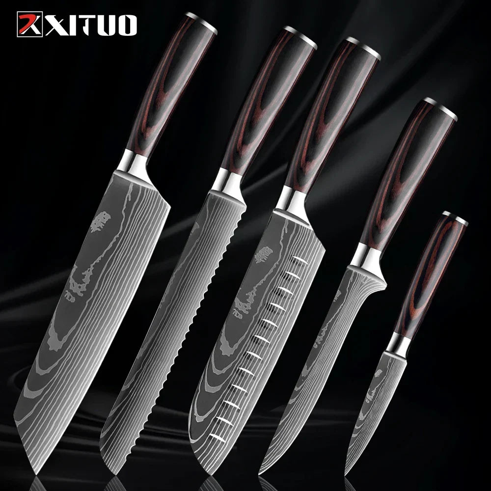 Professionelles Messerset aus Edelstahl, Kochmesser, Santokumesser, Gemüsemesser mit Holzgriff, Küchenutensilien, 1-9-teiliges Küchenmesserset | Sansoti