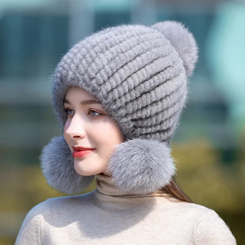 Knitted Fur Hat with Pom-Pom for Women, Warm Winter Hat with Ear Warmers, Spiral Pattern, Luxury Winter Accessory | Sansoti