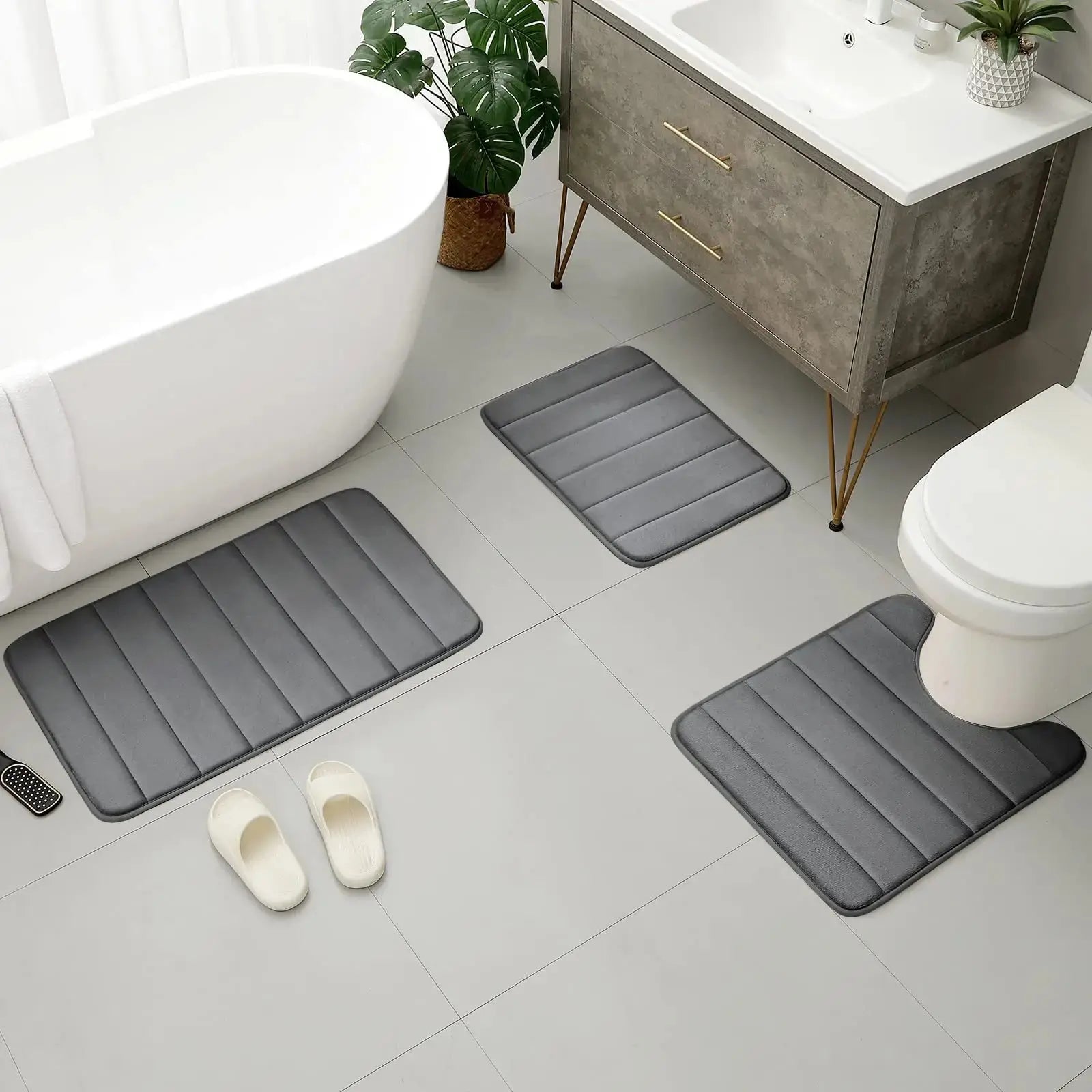 Fluwelen Memory Foam Badmatten Set van 3 Stuks – Waterabsorberend Antislip Badkamertapijt met Zachte Badmat voor Toilet en Douche | Sansoti