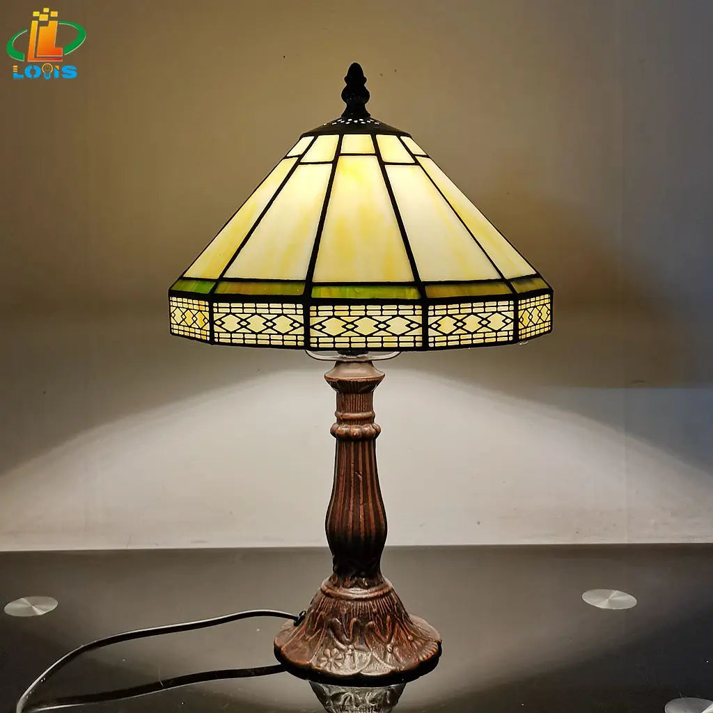 Lampe de table Tiffany Verre teinté 22cm Vert Géométrique Salon Bureau Chambre Vintage Lampe de nuit Lampe de chevet Lampe d'ambiance E27 | Restfield