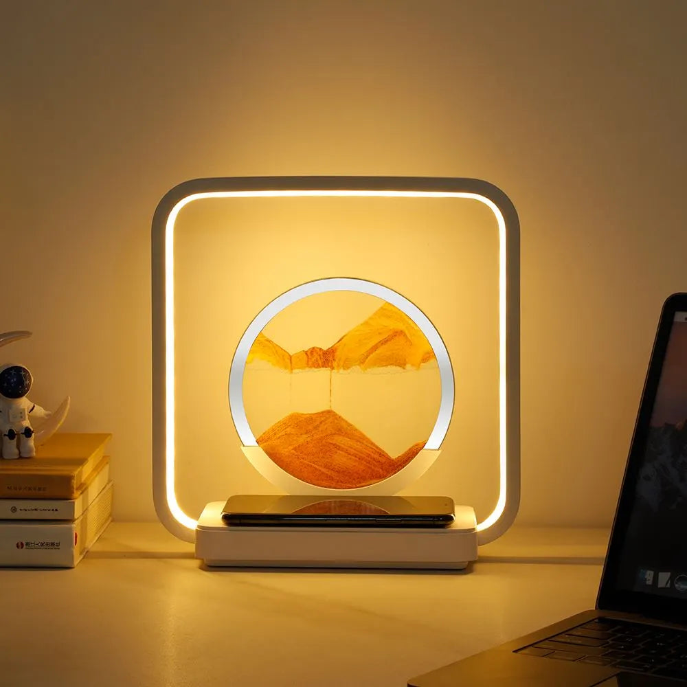 Zandkunst Nachtlamp met Draadloze Oplaadplek – Sierlijk Bewegend Zand & LED-Verlichting voor Slaapkamer Bureau Decoratie | Sansoti