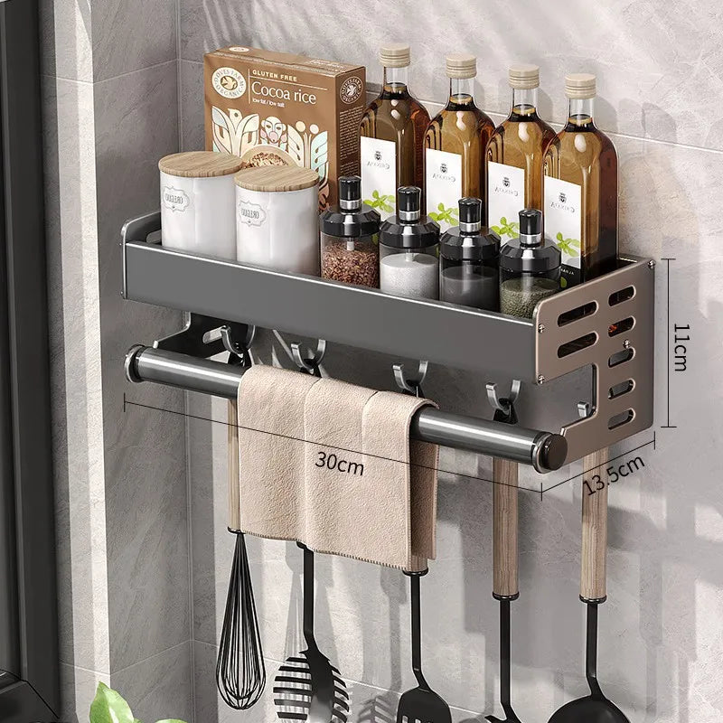 Étagère Murale Cuisine Aluminium 30-50cm Gunmetal Porte-épices Sans Perçage Support Suspendu Organisateur Cuisine Porte-Couteaux Montage Mural | Restfield