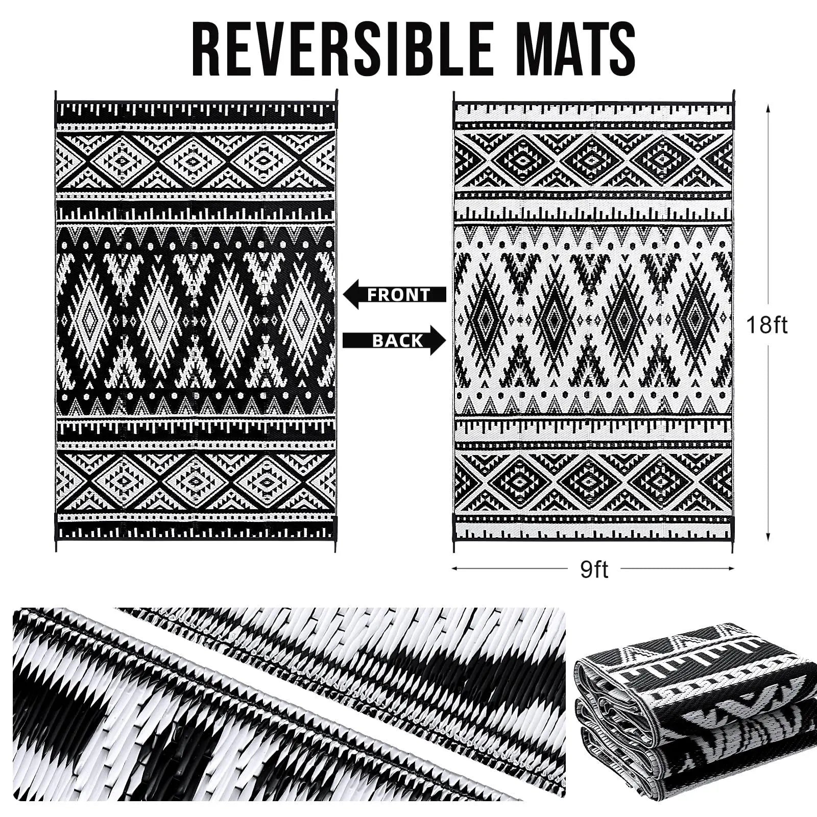 Buitenkleed Gevlochten Plastic Zwart Wit Bohemian Omkeerbaar Terrakleed Campingmat Tuinkleed | Sansoti