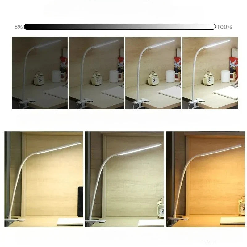 LED-Klemmlampe mit verstellbarem Arm, 3 Lichtstufen, 10 Dimmstufen, USB-Schreibtischlampe, Leselampe, flexible Arbeitsplatzbeleuchtung | Sansoti
