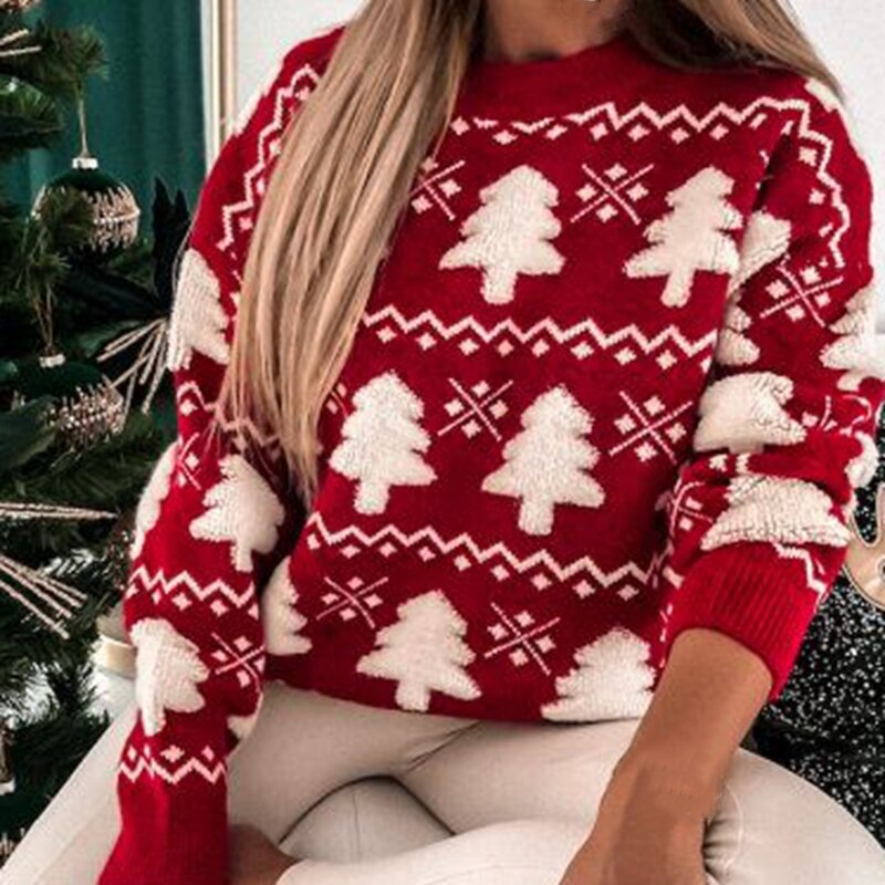 Gebreide Kersttrui Dames Kerstboom Feestelijke Pullover Groen Rood Winter Warm Comfortabel Oversized XL | Sansoti