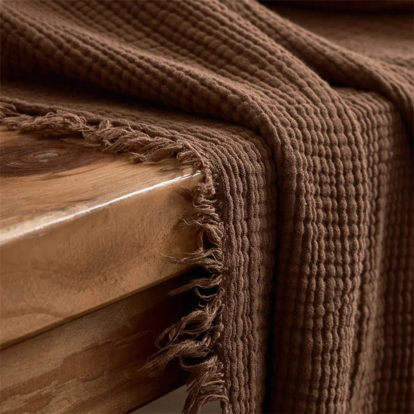 Cotton Throw 6 Layers Soft Breathable Fringed Knitted Blanket Bed Sofa Lightweight Summer Throw Mussel Beige Knitted Bedspread | Sansoti