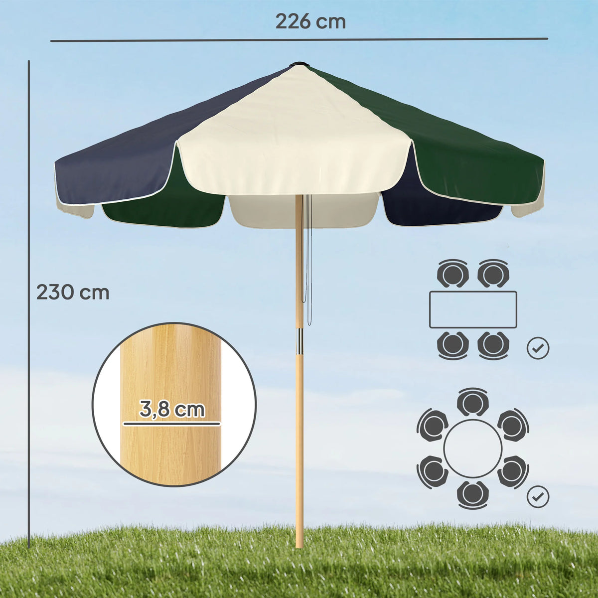 Parasol de jardin Ø230cm bicolore vert foncé crème UPF30+ système à poulie abri de terrasse plage jardin balcon | Sansoti
