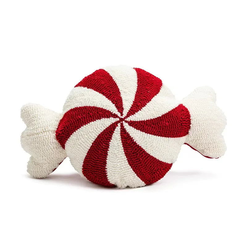Świąteczna poduszka dekoracyjna Candy Cane czerwono-biała z miękkiego aksamitu, odświętna poduszka ozdobna z wzorem Candycane do salonu | Sansoti