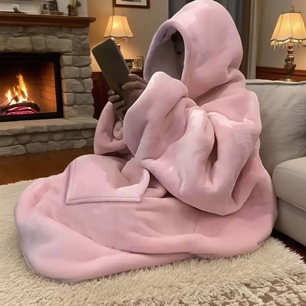 Wendbare Kapuzendecke aus Fleece, tragbar, mit Tasche, Oversized-Hausanzug, Loungewear, bequeme Hauskleidung | Sansoti