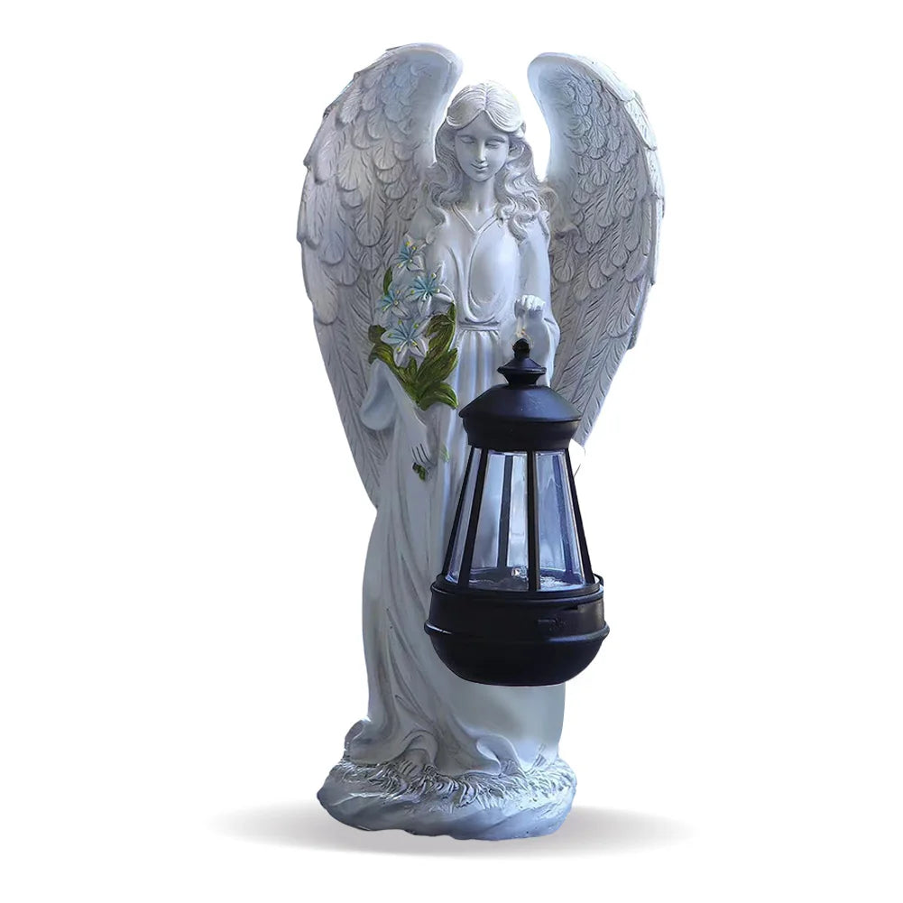Statue d'Ange Jardin Énergie Solaire LED Lanterne 31cm Résine Automatique Extérieur Jardin Terrasse Patio Lampe d'Ambiance Étanche Blanc | Restfield