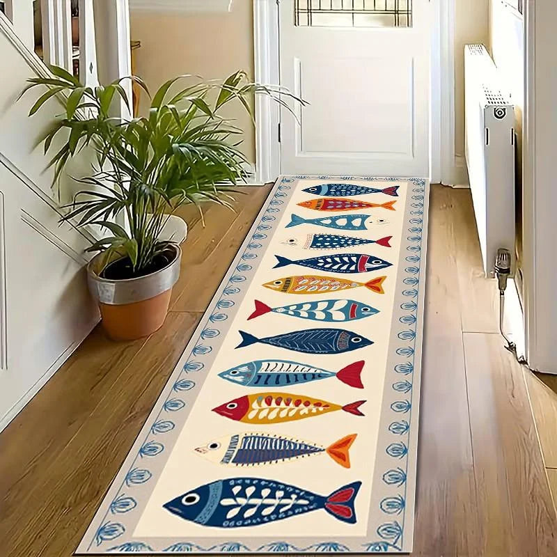 Gangloper met Nautisch Vissenpatroon Antislip Wasbaar Polyester Langwerpig Vloerkleed voor Hal Keuken Gang | Sansoti