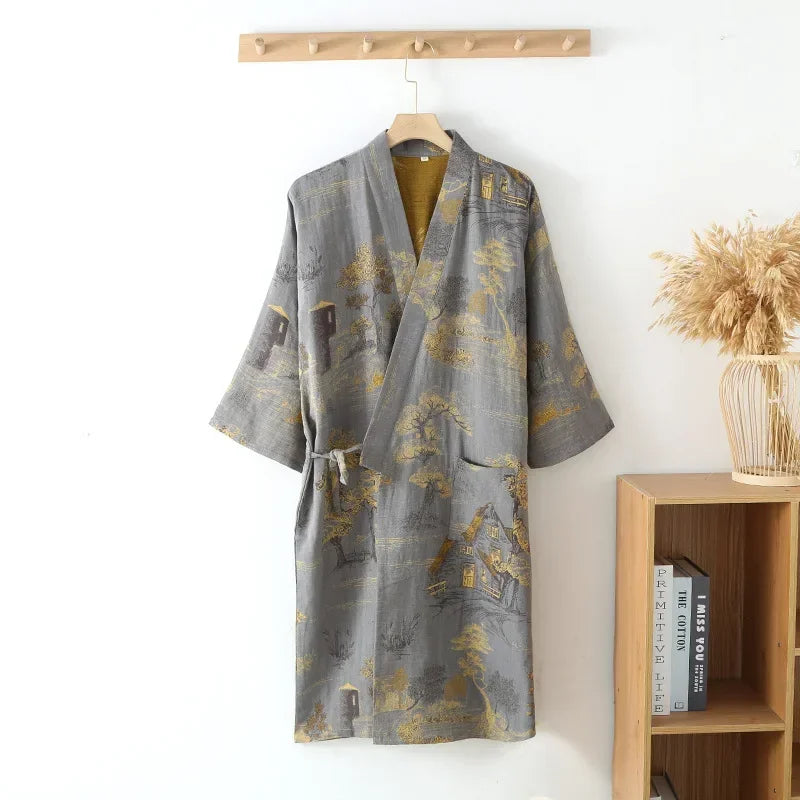 Katoenen Kimono Ochtendjas voor Mannen Lange Badjas Lichtgewicht Huisjas met V-hals Bedrukt Katoen Loungewear | Sansoti
