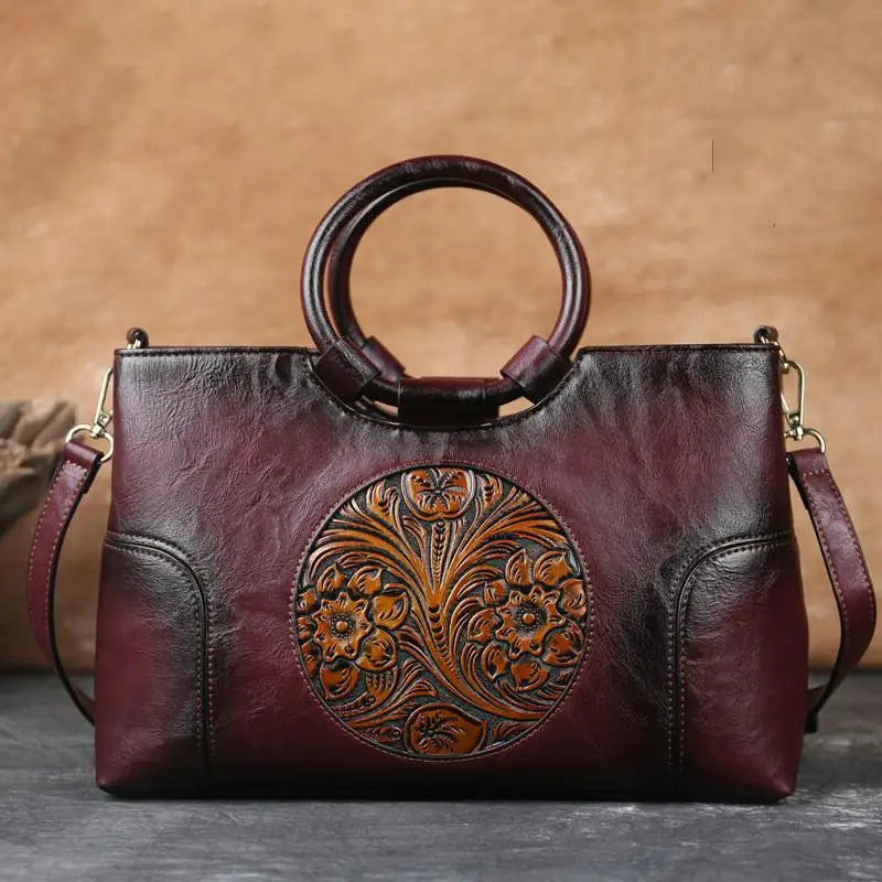 Handgemaakte Leren Damestas met Vintage Reliëfpatroon Schoudertas Elegante Dagtas Retro Design Stijlvol | Sansoti