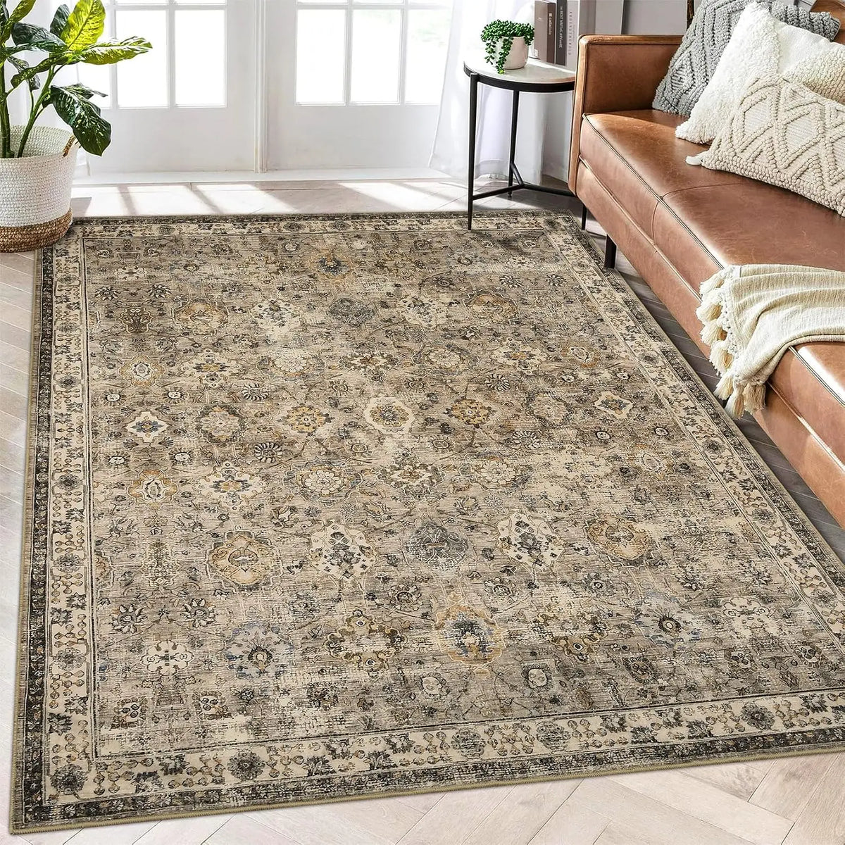 Tapis vintage à poils courts antidérapant lavable gris beige vert style bohème, chemin de tapis pour entrée, chambre et cuisine | Sansoti