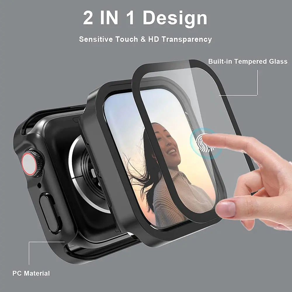 Protective Case with Tempered Glass for Smartwatch 40mm 41mm 44mm 45mm Black Silver Transparent Watch Case | Sansoti