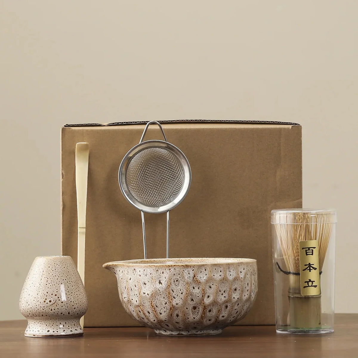 5-Piece Ceramic Bamboo Matcha Ceremony Set, Traditional Japanese Tea Set with Bowl, Whisk, Sifter, Spoon and Tea | Sansoti