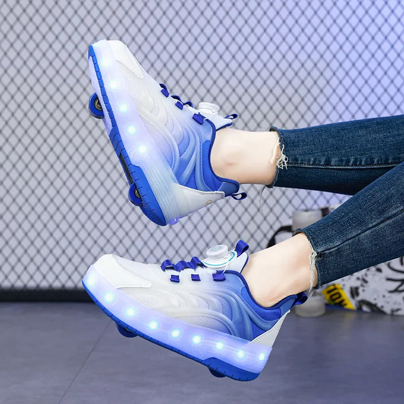 LED rolschaats schoenen USB oplaadbaar roze blauw kindersneakers met wielen lichtgevende skates voor buiten jongens meisjes | Sansoti