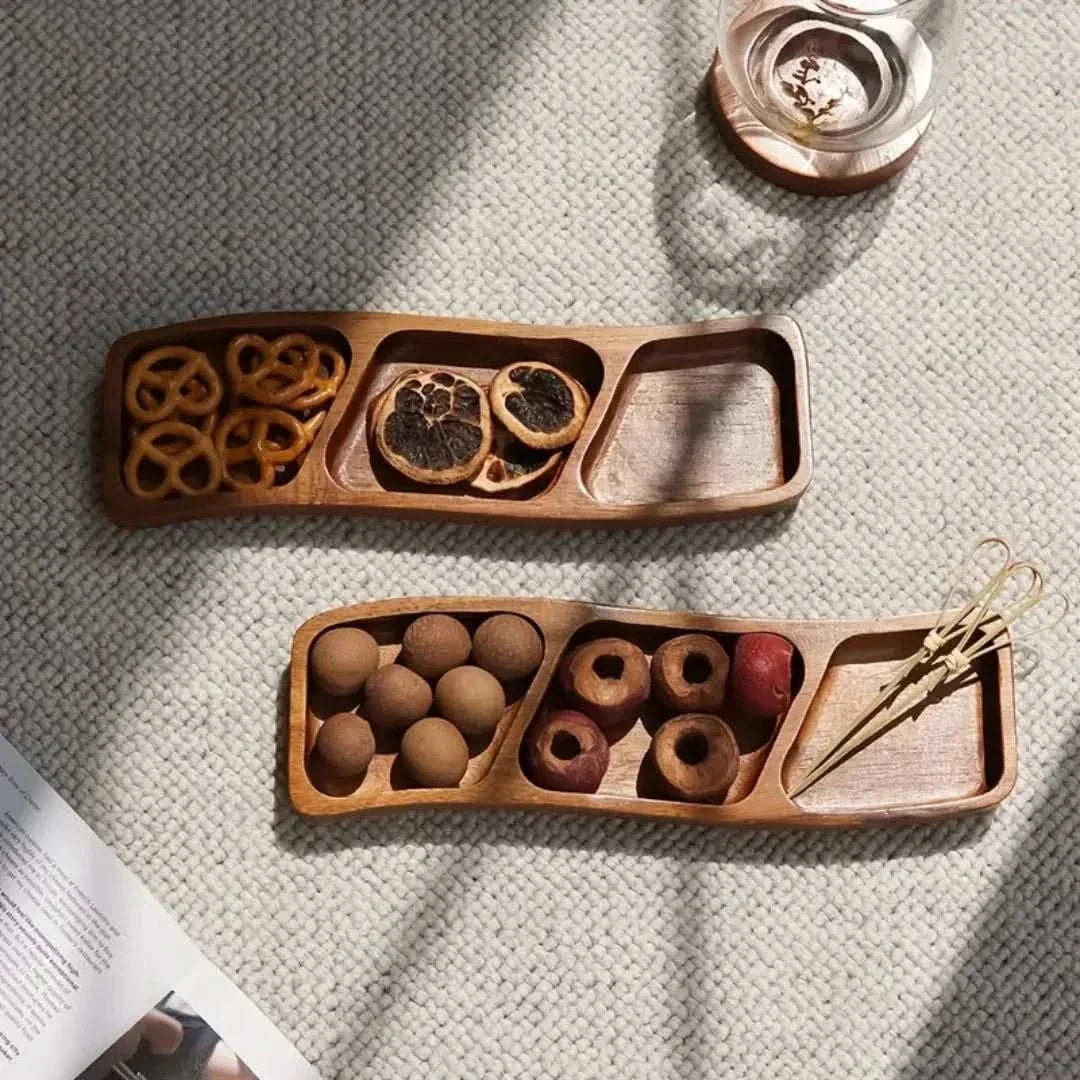 Holz-Servierplatte mit Fächern, 3 oder 4 Fächer, Natur, Präsentationstablett, Snack- und Aperitifplatte, Küche | Sansoti