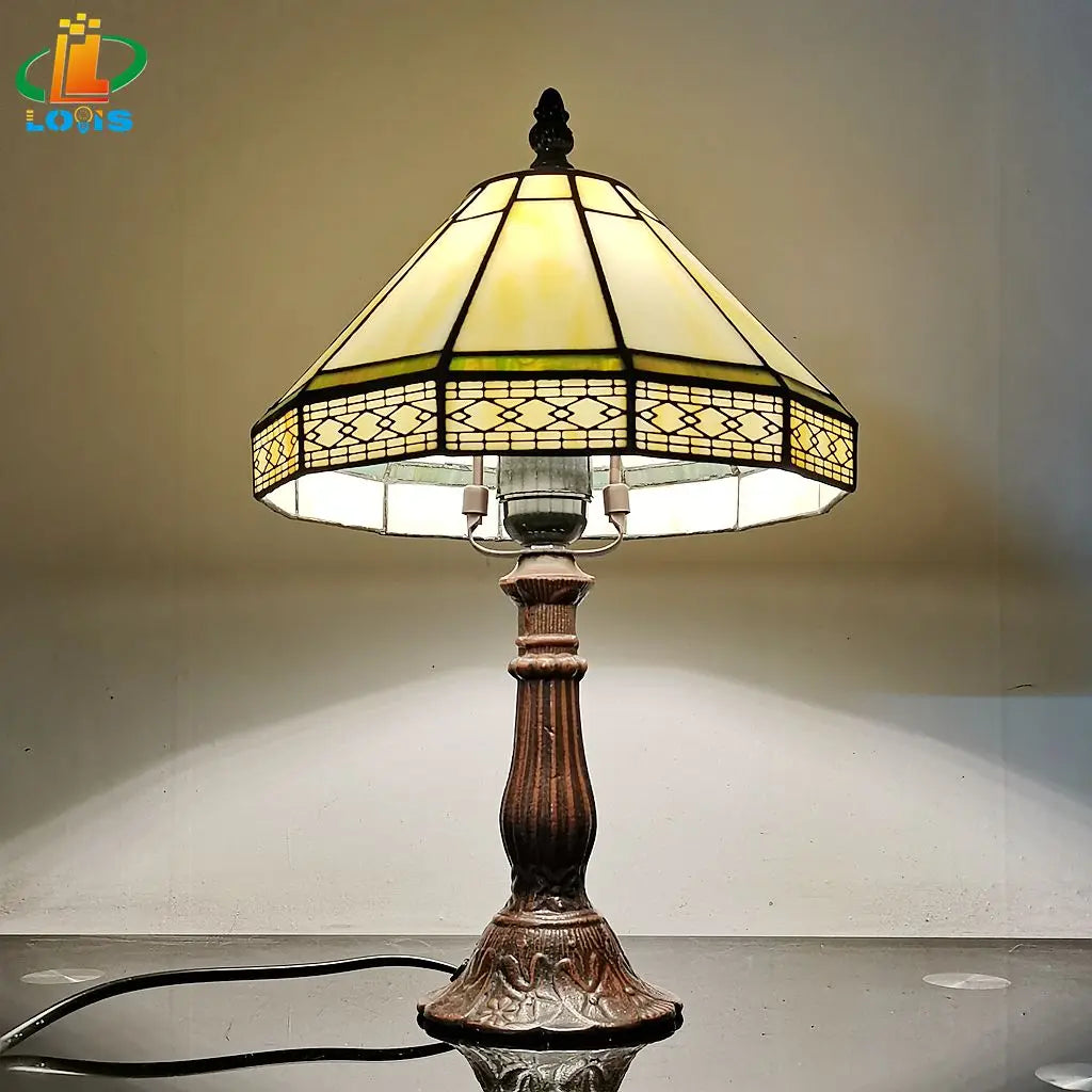 Lampe de table Tiffany Verre teinté 22cm Vert Géométrique Salon Bureau Chambre Vintage Lampe de nuit Lampe de chevet Lampe d'ambiance E27 | Restfield