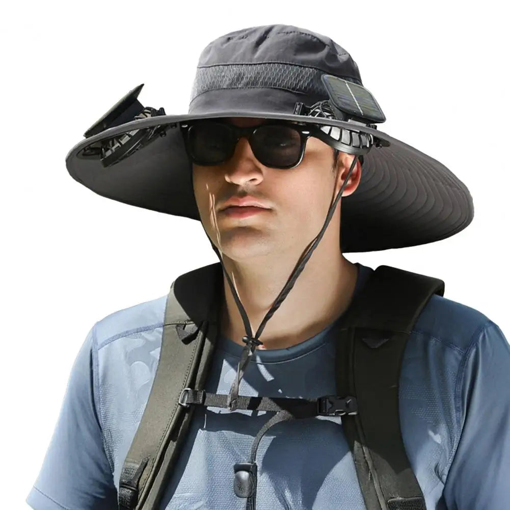 Sonnenhut mit Solarpanel und Ventilator, breite Krempe, UPF 50 UV-Schutz zum Wandern, Angeln, für den Garten und Camping im Freien | Sansoti