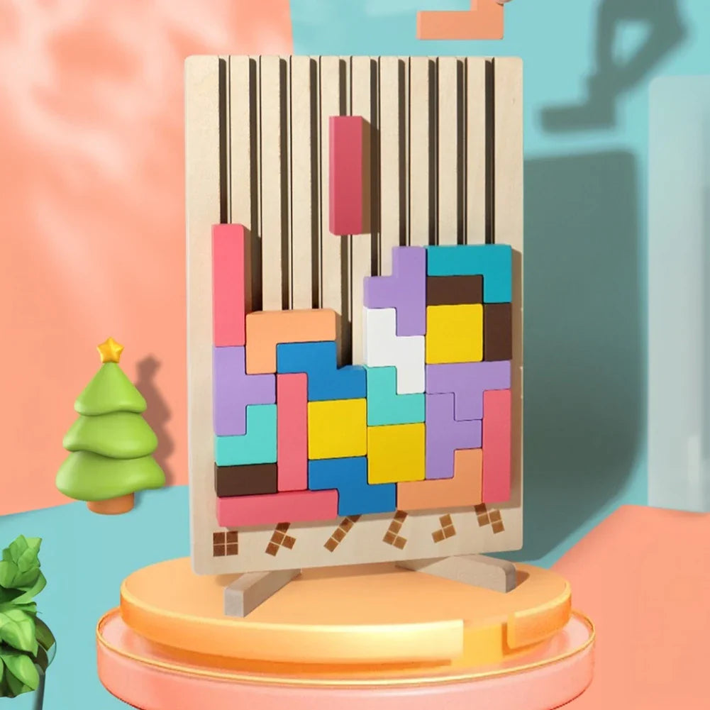 Houten 3D Puzzelspel voor Kinderen – Creatief Tetris Stapelspel met Geometrische Blokken – Ruimtelijk Inzicht & Handcoördinatie | Sansoti
