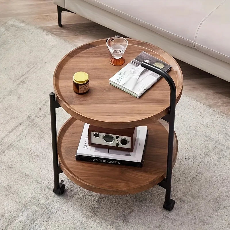 Rollbarer Beistelltisch aus Holz mit zwei Ebenen, rund, 40 cm, für Wohnzimmer und Schlafzimmer, mit Rollen, kompaktes Design, zum Servieren und Aufbewahren | Sansoti