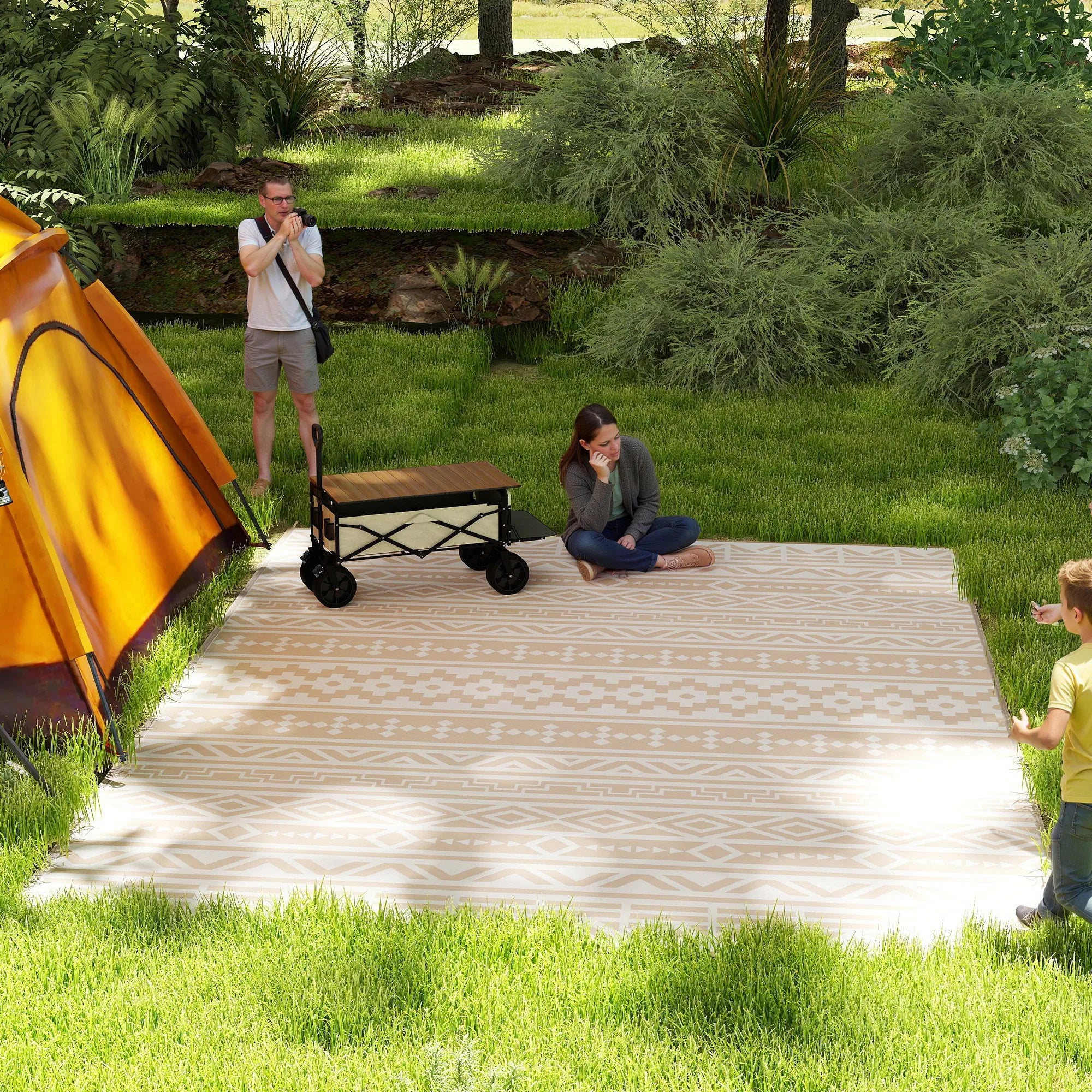 Buitenkleed Omkeerbaar 365x274cm Beige Polypropyleen Tuinkleed Camping Picknick Terras Vloermat Opvouwbaar Transporttas | Sansoti