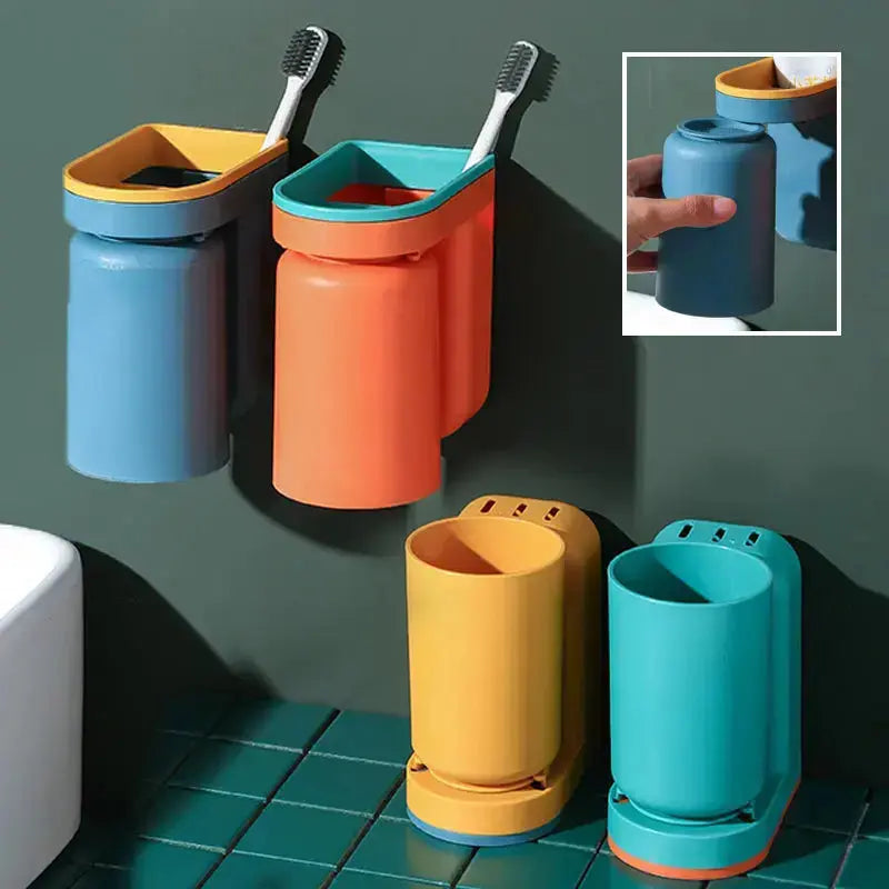 Tandenborstelhouder Zelfklevend ABS 2-in-1 Badkamer Organizer Bekerhouder Spatwand Opbergen Zonder Boren Set 2 Stuks | Sansoti