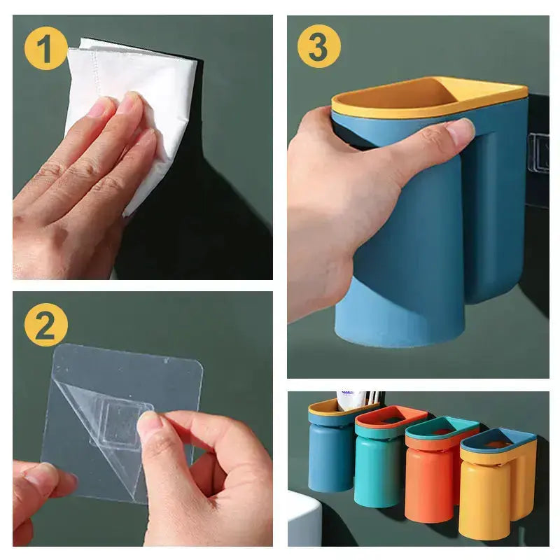 Tandenborstelhouder Zelfklevend ABS 2-in-1 Badkamer Organizer Bekerhouder Spatwand Opbergen Zonder Boren Set 2 Stuks | Sansoti