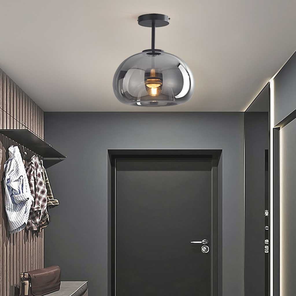 Halbflächen-Deckenleuchte mit Glaskugel und Metallgestell, LED, dimmbar, Wohnzimmer, Flur, Eingangsbereich, warmes Licht, modern | Sansoti