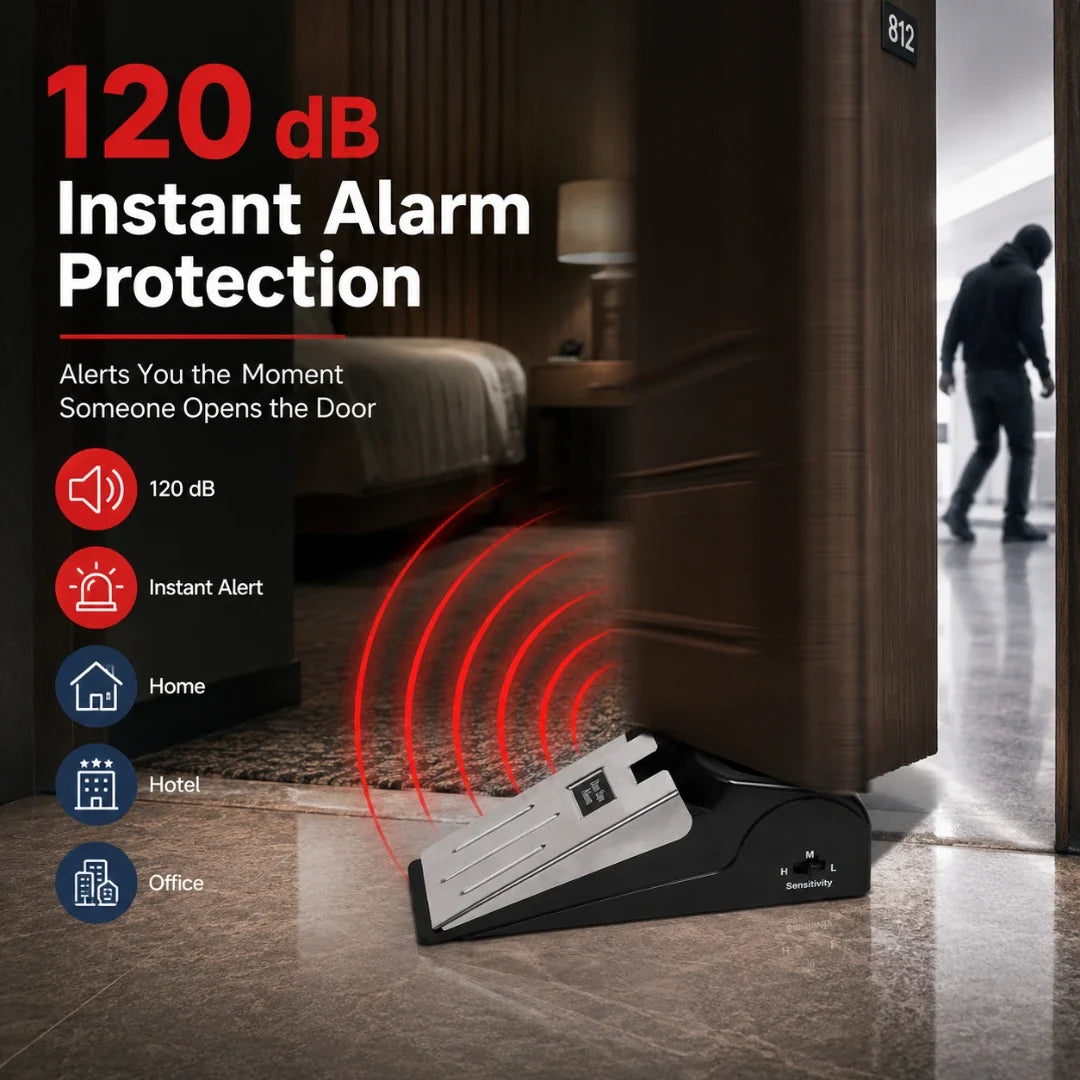 Doorstop with 120dB Vibration Alarm, Adjustable Sensitivity, Home, Hotel, Travel, Portable, Compact Security | Sansoti