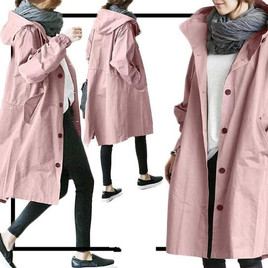 Windbestendige Dames Trenchcoat met Capuchon – Midi-Lengte Knoop Overjas Relaxed Fit | Sansoti