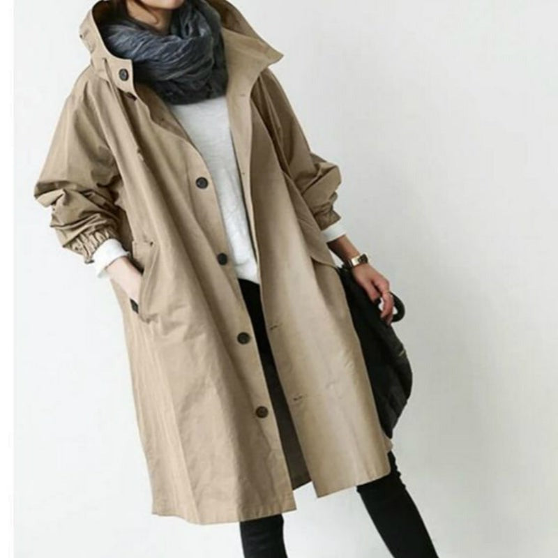 Windbestendige Dames Trenchcoat met Capuchon – Midi-Lengte Knoop Overjas Relaxed Fit | Sansoti