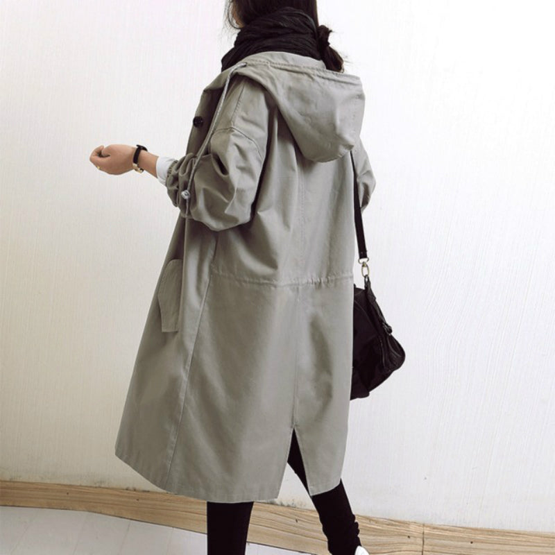 Windbestendige Dames Trenchcoat met Capuchon – Midi-Lengte Knoop Overjas Relaxed Fit | Sansoti