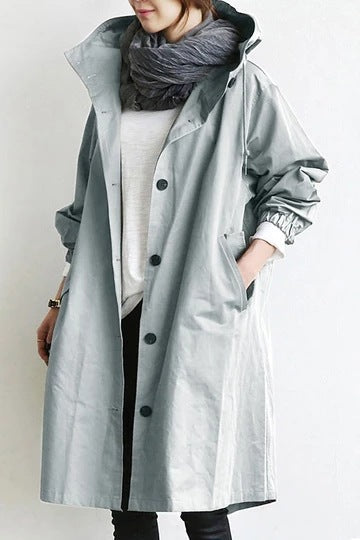 Windbestendige Dames Trenchcoat met Capuchon – Midi-Lengte Knoop Overjas Relaxed Fit | Sansoti