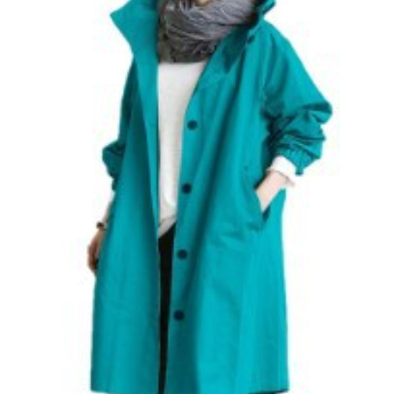 Windbestendige Dames Trenchcoat met Capuchon – Midi-Lengte Knoop Overjas Relaxed Fit | Sansoti