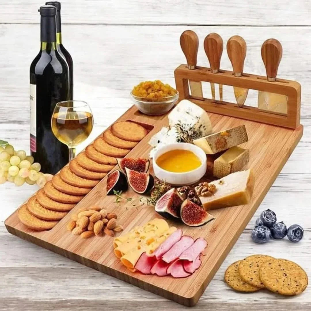 Bamboe Serveerplank met Geïntegreerde Messenhouder & Kaasmessen voor Kaasplankje Hapjes Presentatie Borrel | Sansoti