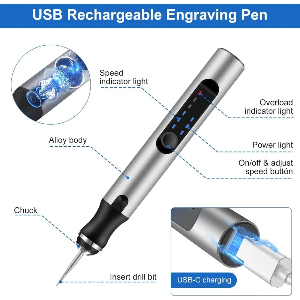 Cordless Engraving Pen with 37 Bits, USB Rechargeable, for Precision Work on Metal, Glass, Wood, and Ceramic, DIY Hobbies | Sansoti