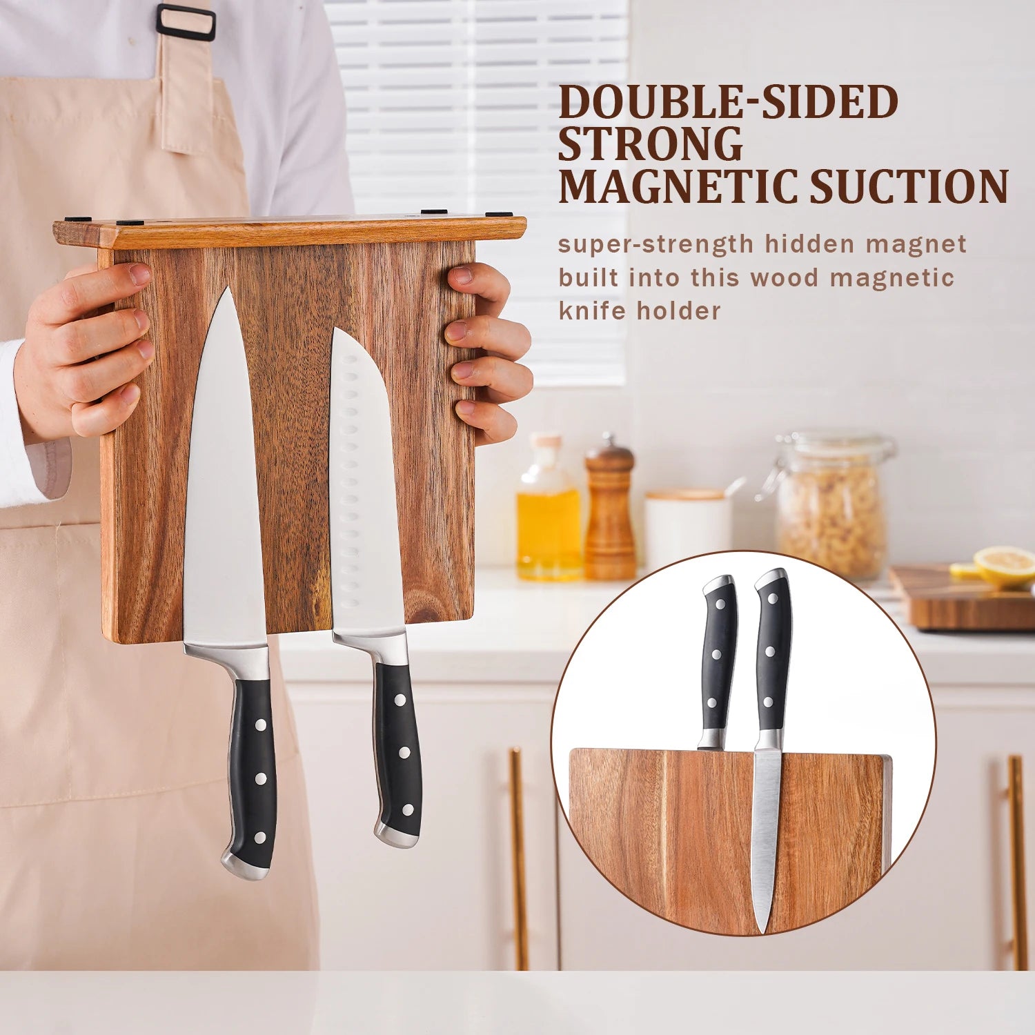 Magnetische Messenhouder Acaciahout Keuken Messenblok Standaard Tafelblad Opbergrek Zonder Boren Knifeblock Naturel | Sansoti