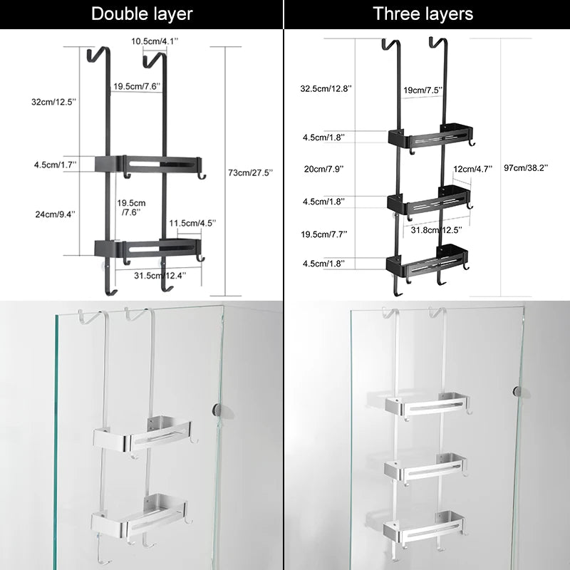 Duschregal Aluminium Schwarz Silber 2- oder 3-lagig Hängend Duschkabinentür Badezimmerschrank Ohne Bohren Shampoohalter Aufbewahrungsregal Badezimmer Organizer | Restfield