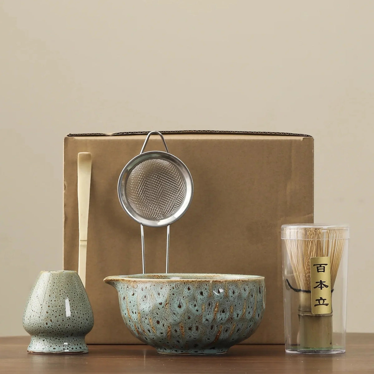 5-Piece Ceramic Bamboo Matcha Ceremony Set, Traditional Japanese Tea Set with Bowl, Whisk, Sifter, Spoon and Tea | Sansoti