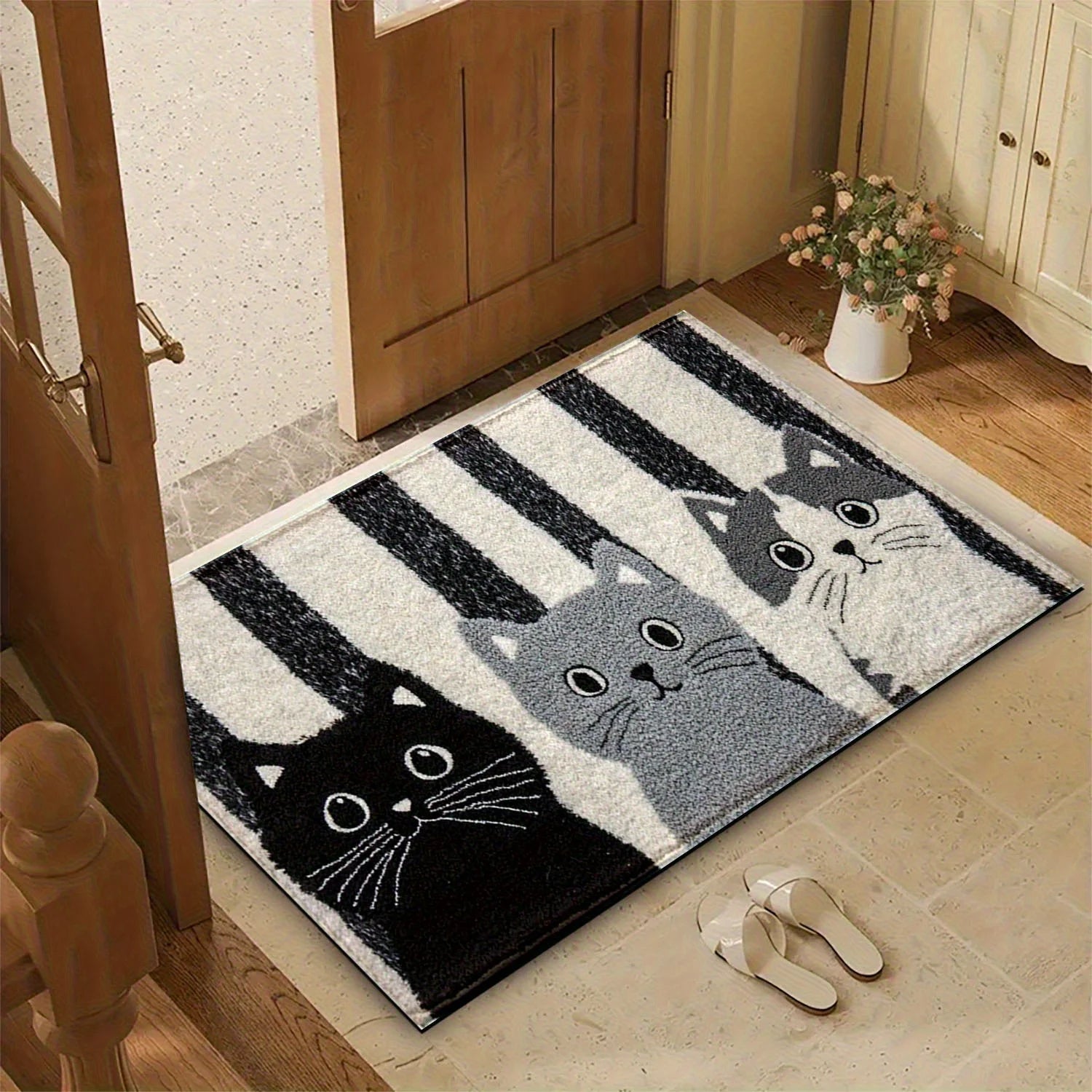 Deurmat Cartoon Katten PVC Zwart Wit Gestreept 60x90cm Antislip Waterdicht Vloermat Slaapkamer Woonkamer Hal Buitendeurmat | Sansoti