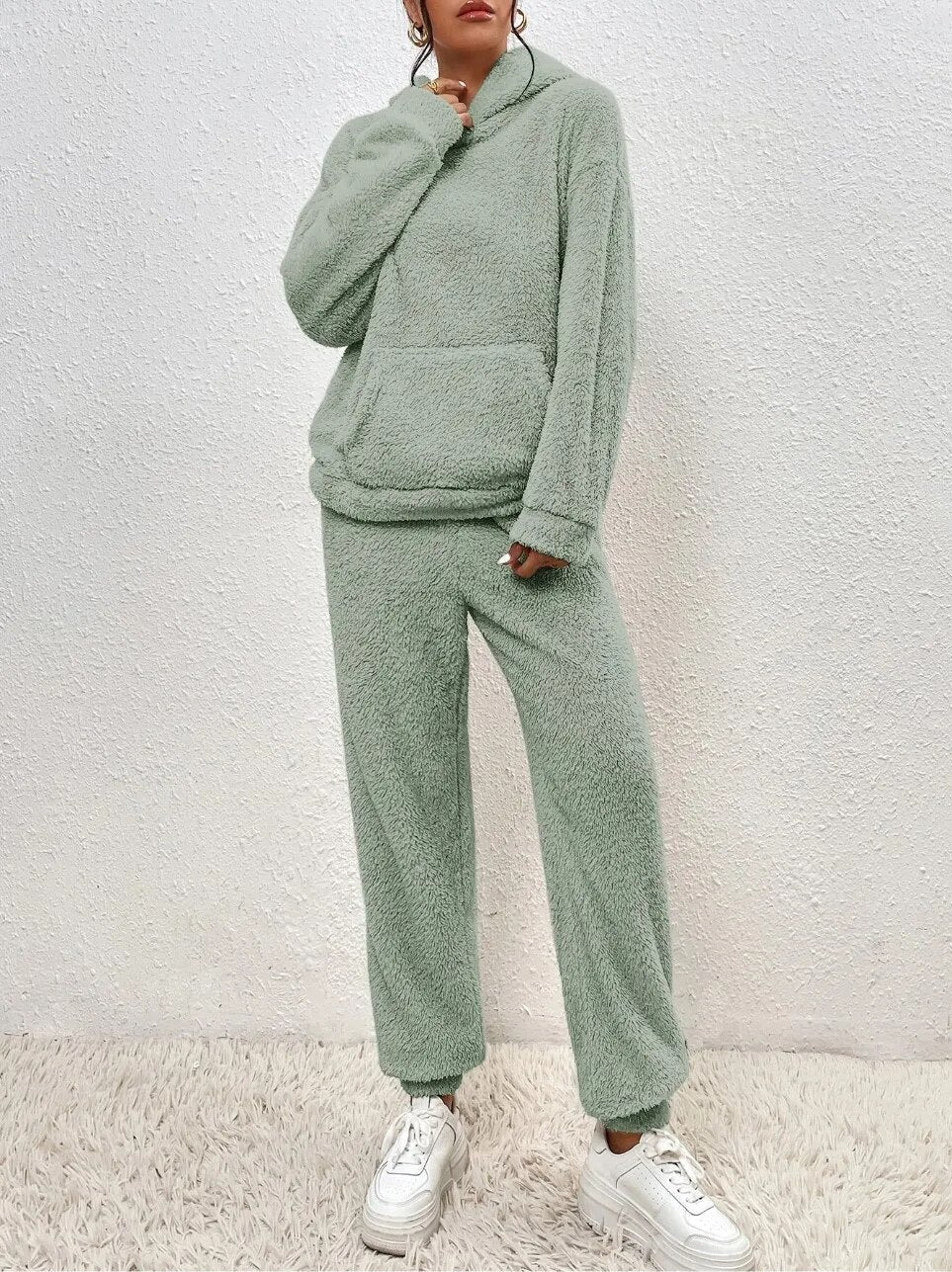 Teddy-Loungewear-Set mit Kapuze für Damen, Grau, Beige, Grün, Winteranzug aus Fleece, zweiteiliger weicher Hausanzug mit Hose | Sansoti