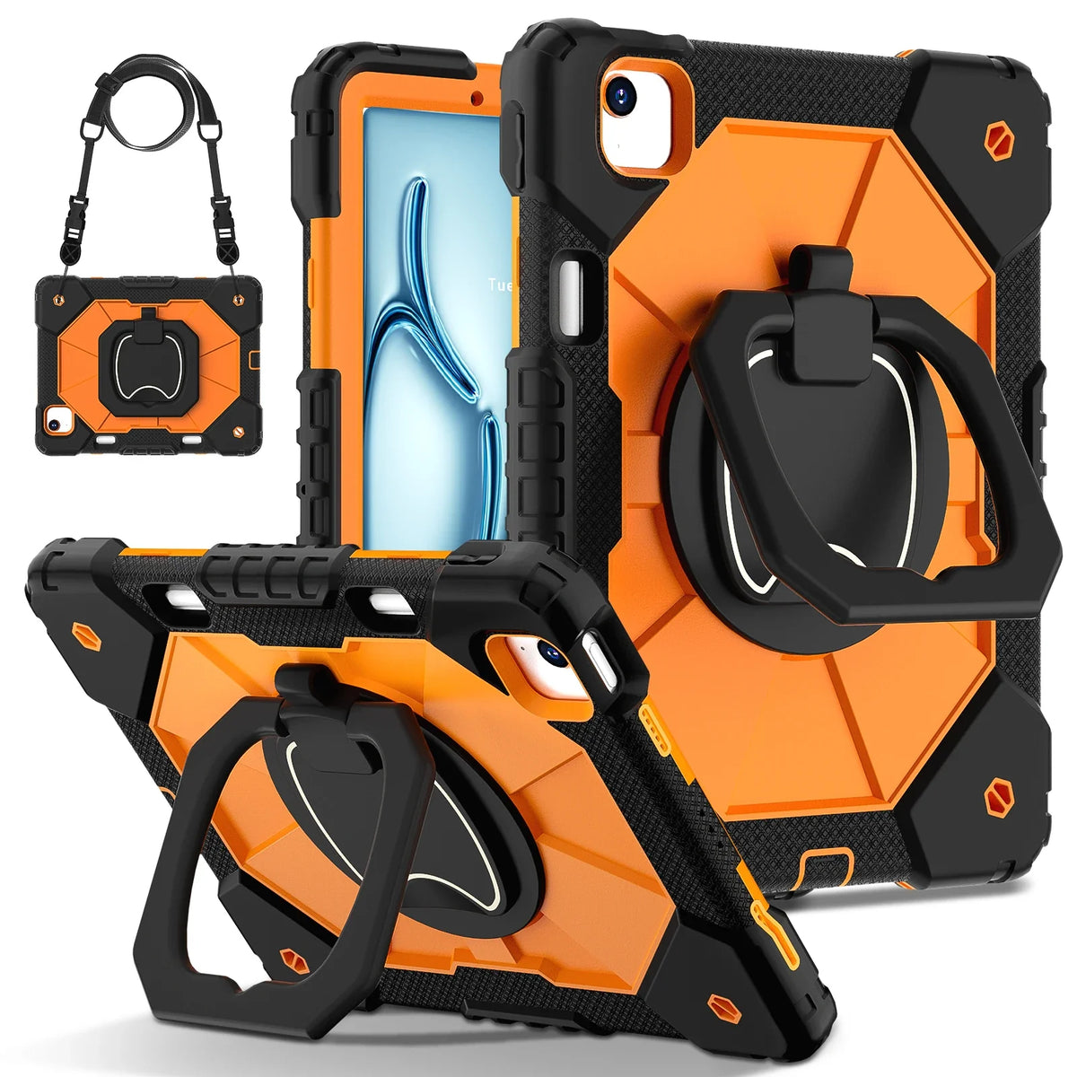 Rugged iPad Case with Ring Grip Three-Layer Protection Kickstand Shoulder Strap Screen Protector Black Orange | Sansoti