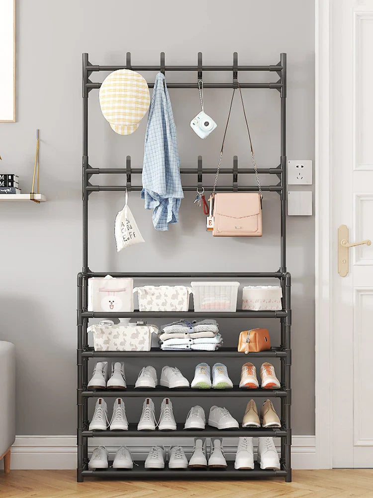 Schuhregal mit Garderobe Schwarz 5 Etagen Stahl Flur Organizer | Restfield