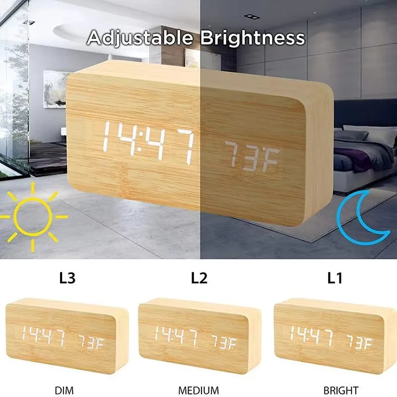 Réveil Digital Aspect Bois LED Bambou Noir Marron Température USB Chambre Bureau 3 Alarmes Luminosité Réglable 12/24h Horloge de Table | Restfield