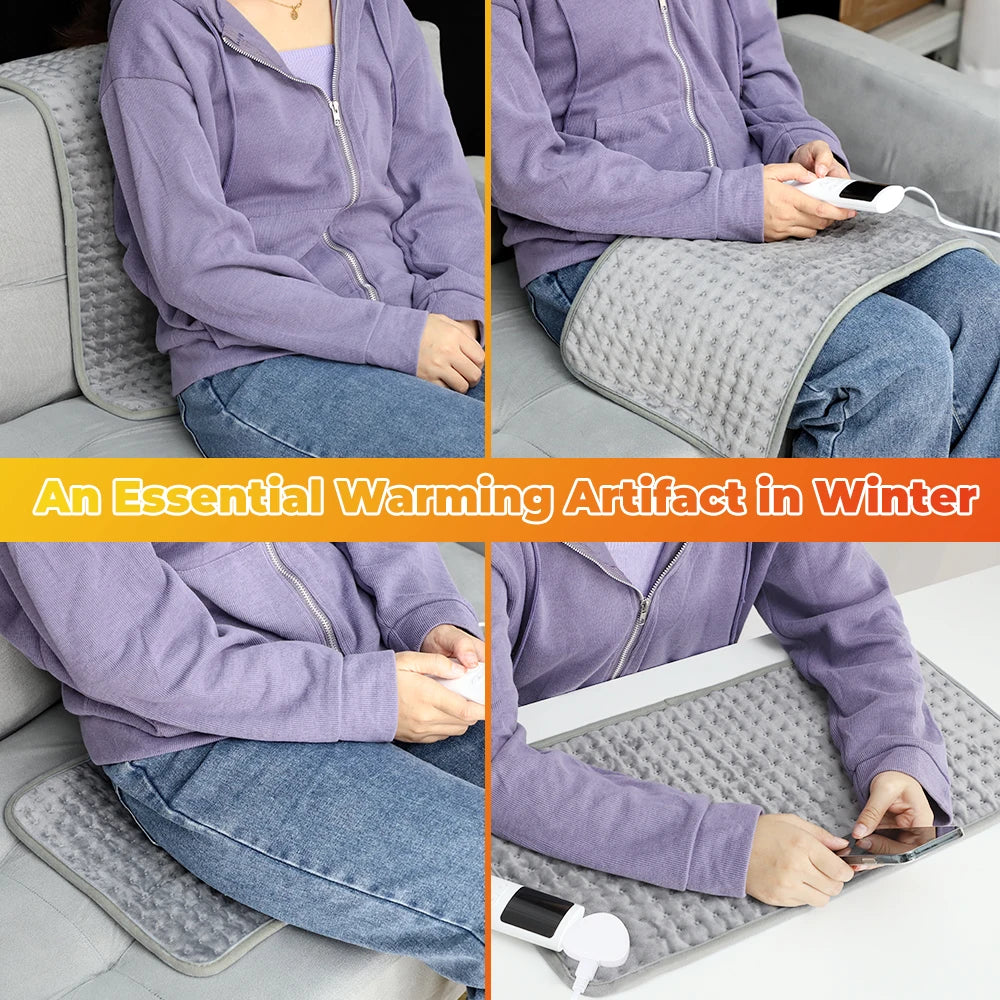 Electric Heating Pad 60x30 cm Gray Microplush Adjustable Heat 10 Settings Soft Portable | Sansoti