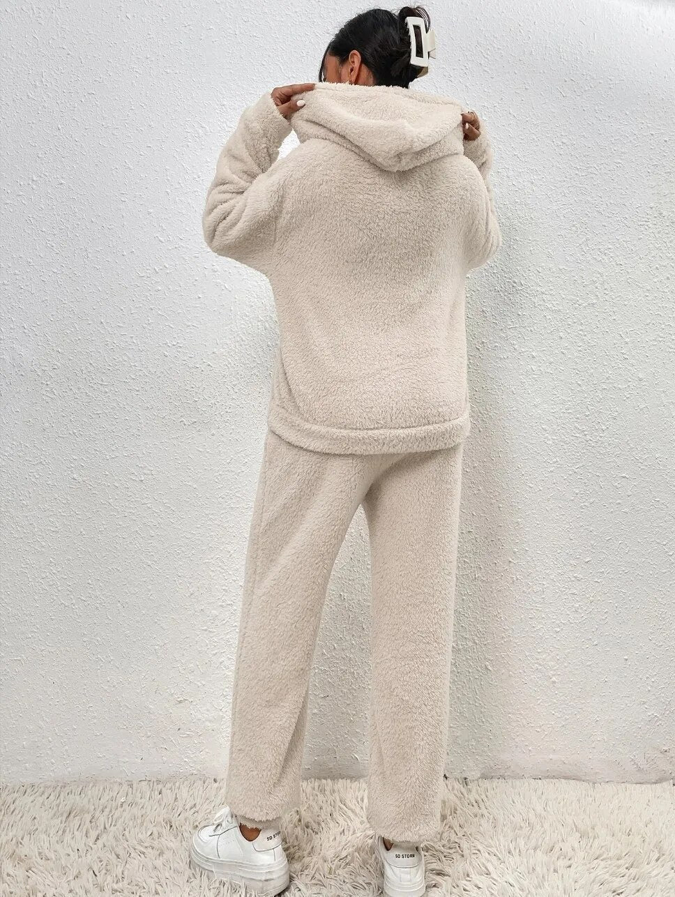 Teddy-Loungewear-Set mit Kapuze für Damen, Grau, Beige, Grün, Winteranzug aus Fleece, zweiteiliger weicher Hausanzug mit Hose | Sansoti
