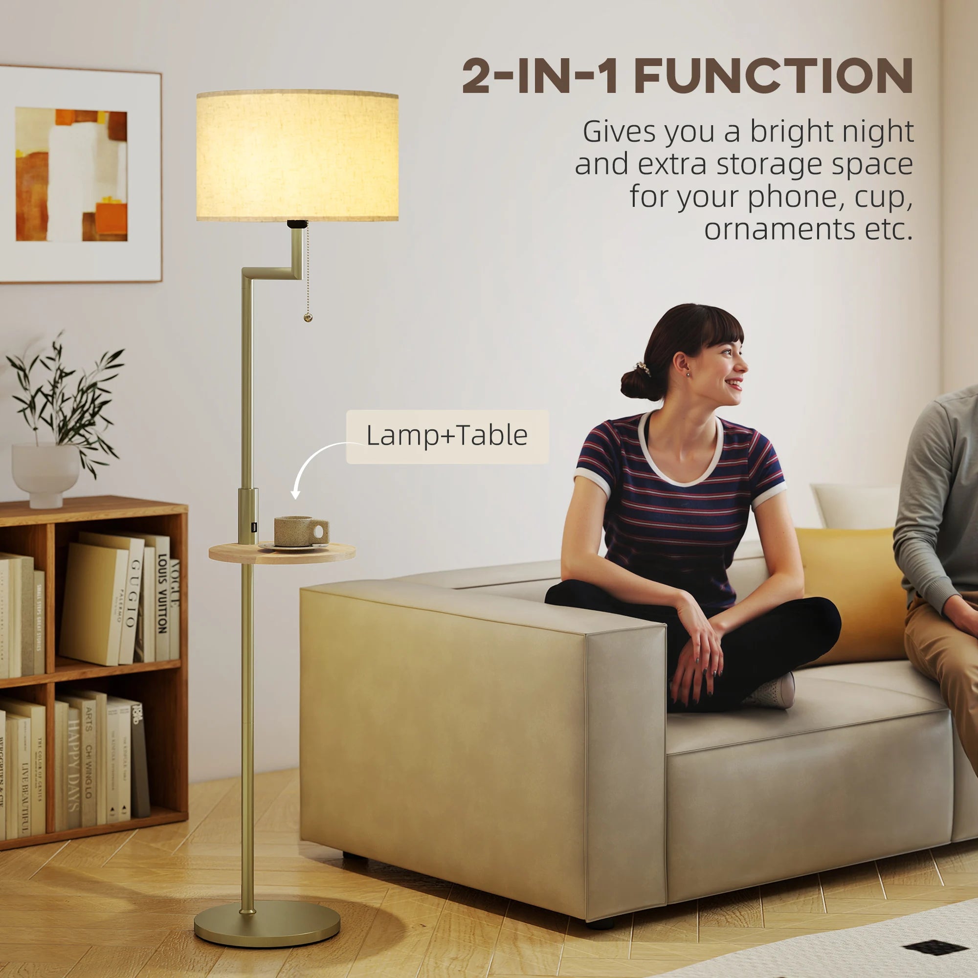 Booglamp Vloerlamp Met Plank En USB Poort Goud Metaal 170cm | Sansoti